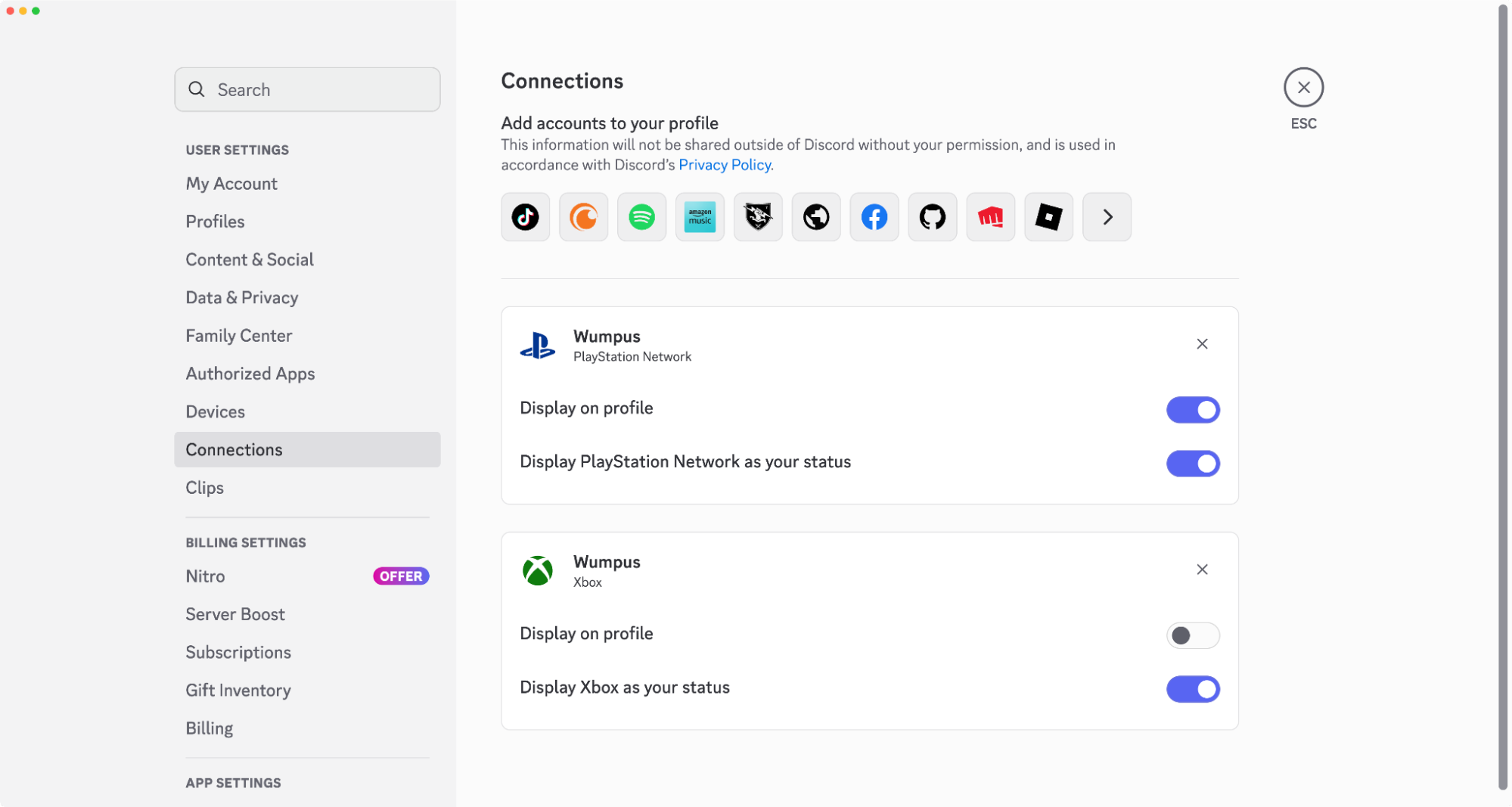 Discord connections settings