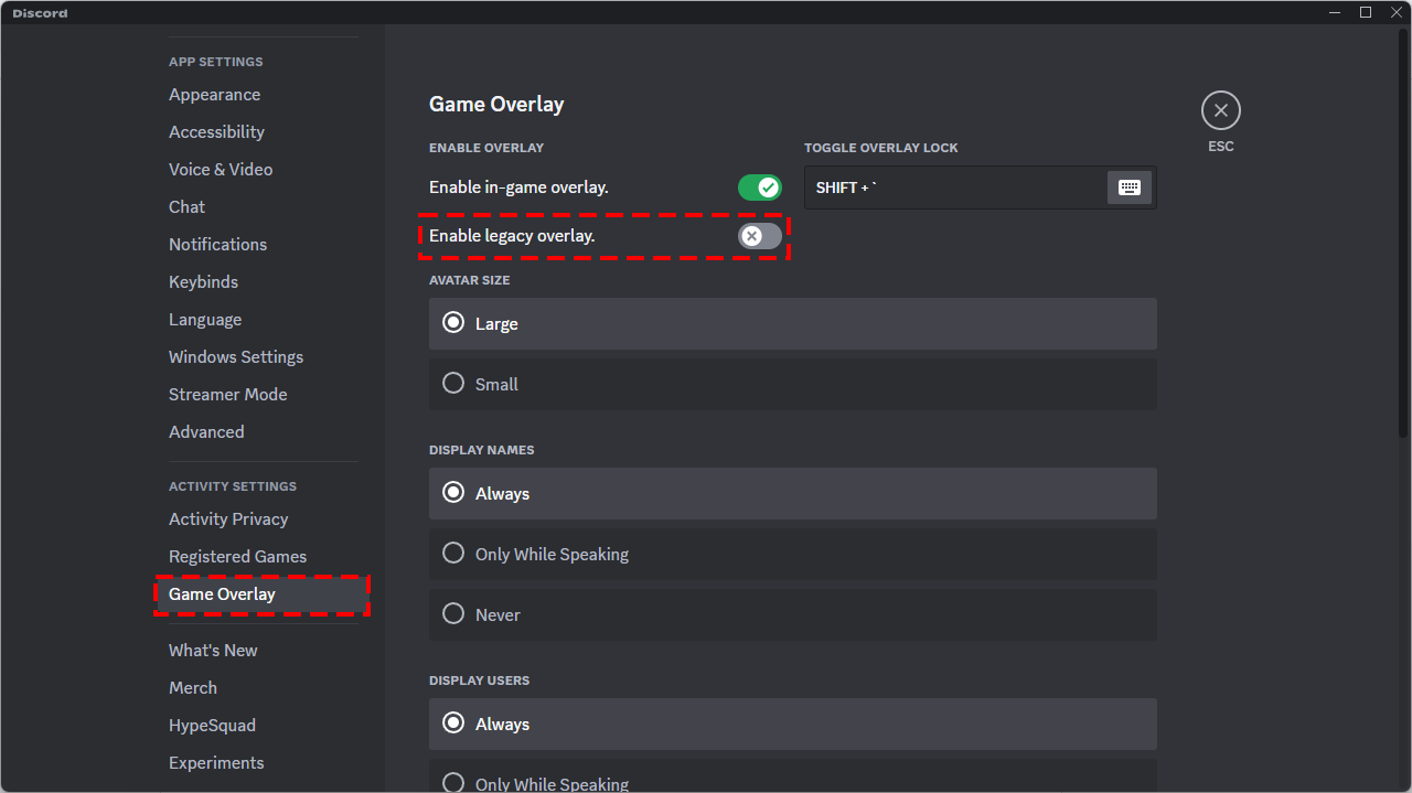 Discord overlay settings toggle